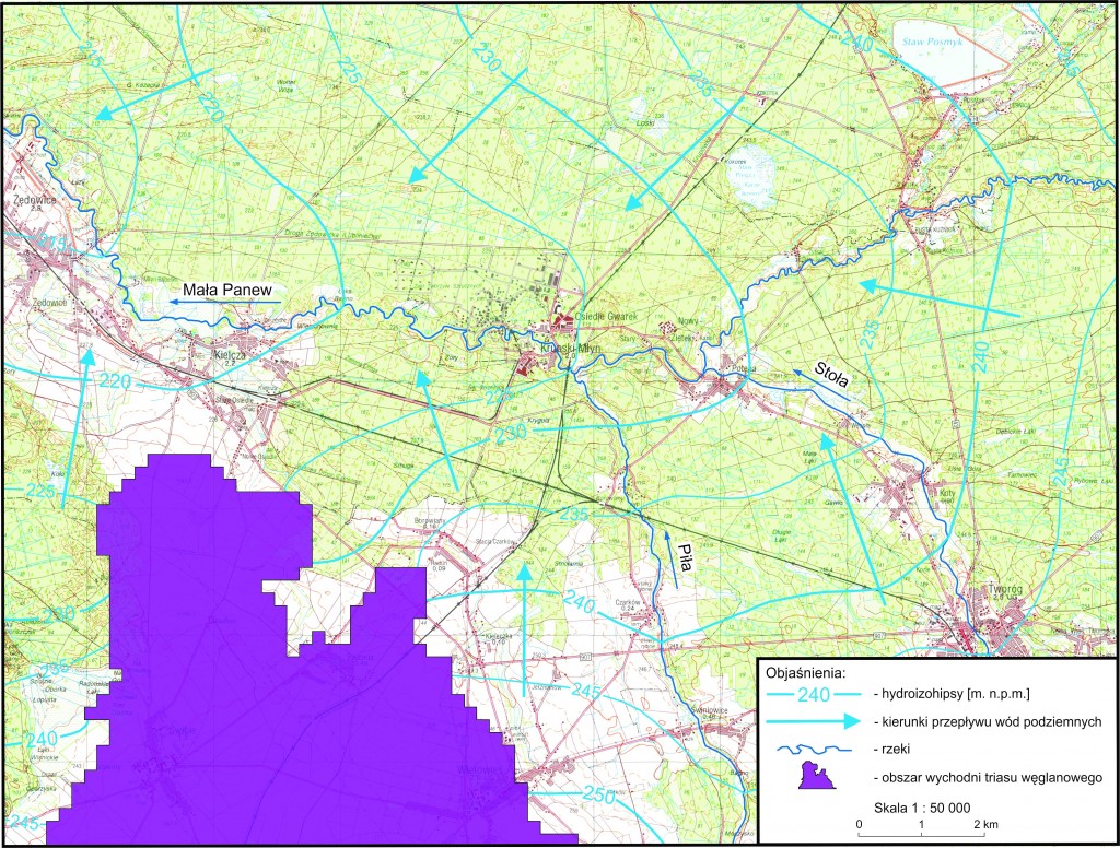Rys. 10: Mapa hydroizohips czwartorzędowego poziomu wodonośnego dla stanu wód na IX-X.2009 roku; wynik kalibracji modelu