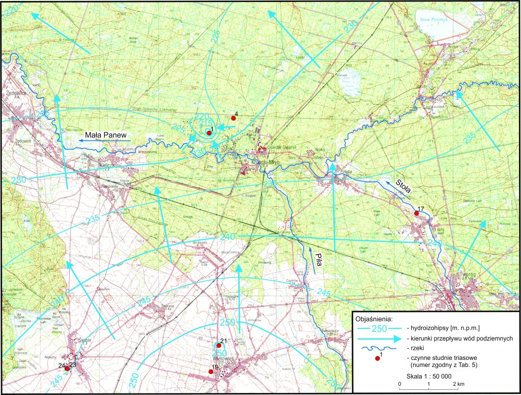 Rys. 11: Mapa hydroizohips kompleksu wodonośnego serii węglanowej triasu dla stanu wód na IX-X.2009 roku; wynik kalibracji modelu