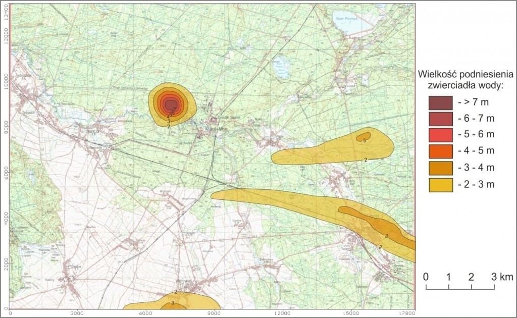 Rys. 12: Wielkość podniesienia zwierciadła wody przy braku eksploatacji wód podziemnych w stosunku do stanu aktualnego na IX-X.2009 roku, dla II warstwy modelu