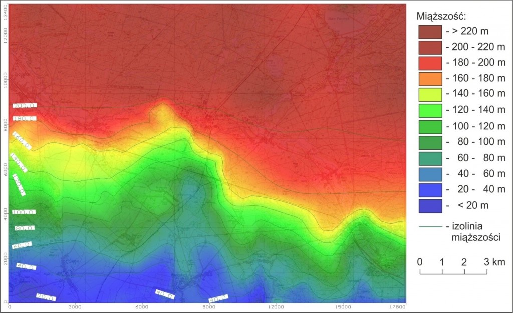 Rys. 6: Mapa miąższości wapienia muszlowego połączonego z retem