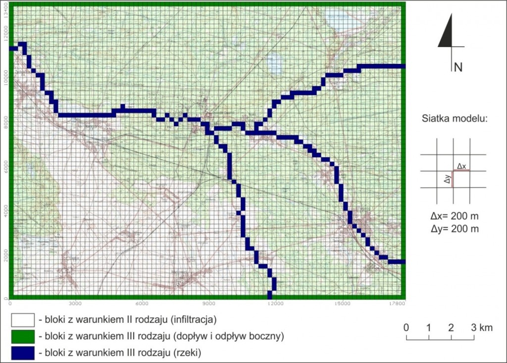 Rys. 7: Siatka modelu numerycznego z blokami warunków granicznych I warstwy modelu