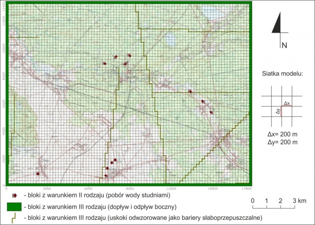 Rys. 8: Siatka modelu numerycznego z blokami warunków granicznych III warstwy modelu
